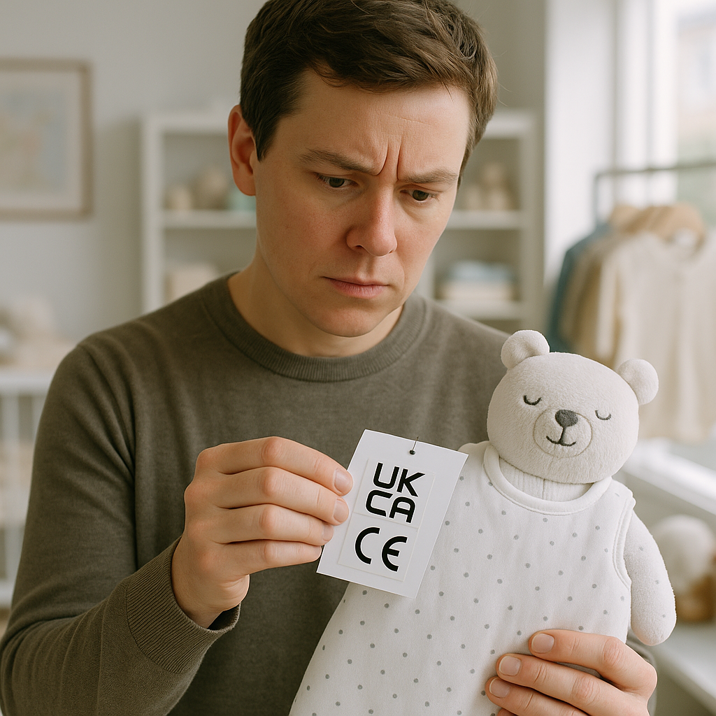 UK Baby Product Safety Standards 2025: A man holds a grey teddy bear plush toy with a tag displaying UKCA and CE certifications, looking at it with curiosity.