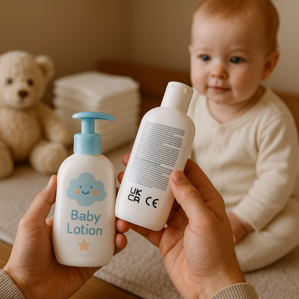 UK Baby Product Safety Standards 2025: Your Complete Parent's Guide 2 Hands holding two bottles of baby lotion, one with a smiling cloud illustration and the other showing certification logos, with a baby and teddy bear in the background.