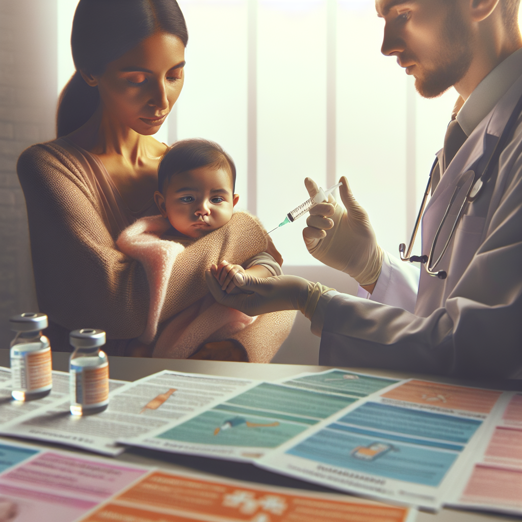 Baby Immunisation Schedule - A doctor administers a vaccination to an infant held by their mother in a softly lit room, with informational pamphlets and vials visible on the table.