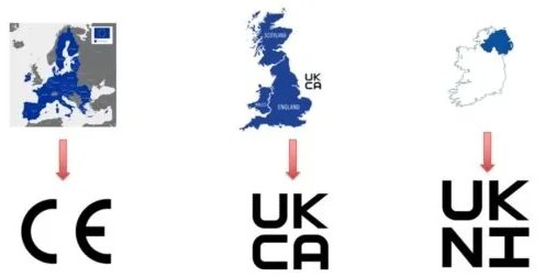 UK Baby Product Safety Standards 2025: Your Complete Parent's Guide 3 A diagram showing the transition of product markings: a map of the European Union with an arrow pointing to the "CE" mark, a map of the United Kingdom with an arrow pointing to the "UKCA" mark, and a map of Northern Ireland with an arrow pointing to the "UKNI" mark.