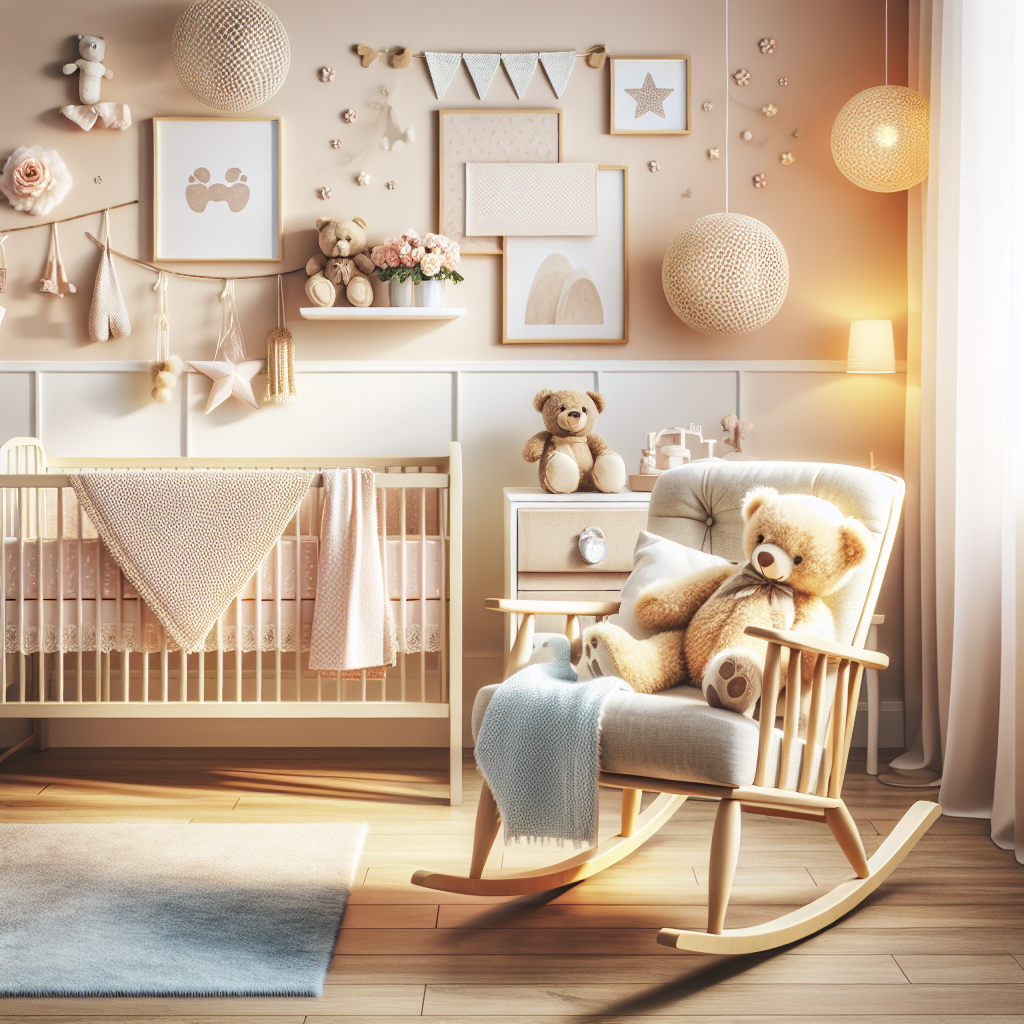 Essential Baby Sleep Tips for New Parents 1 Essential Baby Sleep Tips for New Parents: A cosy nursery with pastel colours featuring a crib with a soft knitted blanket, a rocking chair with a teddy bear and a blue throw, wall art and decorations including framed pictures, a garland, and paper lanterns, and a side table with another teddy bear and flowers.