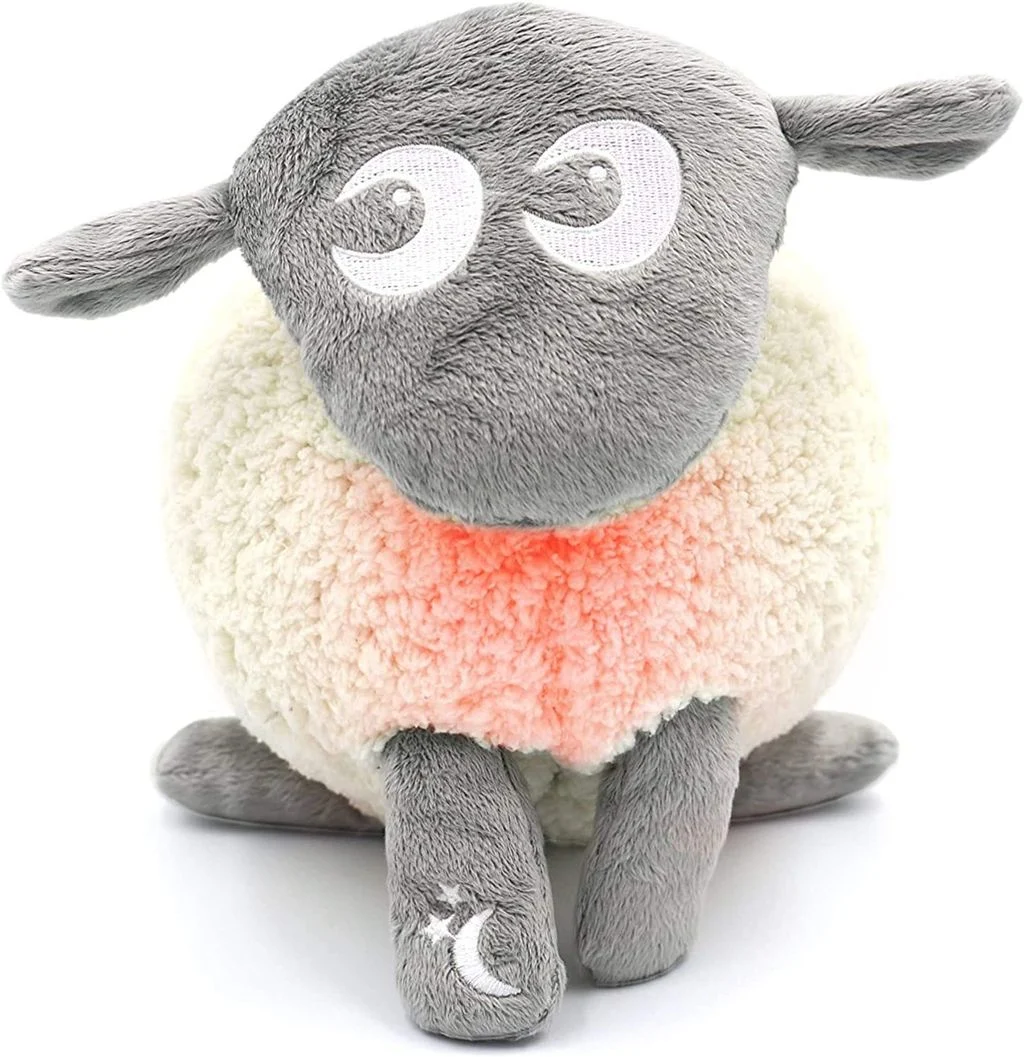 Essential Baby Sleep Tips for New Parents 2 A plush toy resembling a sheep with a grey head and limbs, white curly wool body, and embroidered crescent moon on the leg. The toy's eyes are closed with curved lines, creating a sleepy expression.