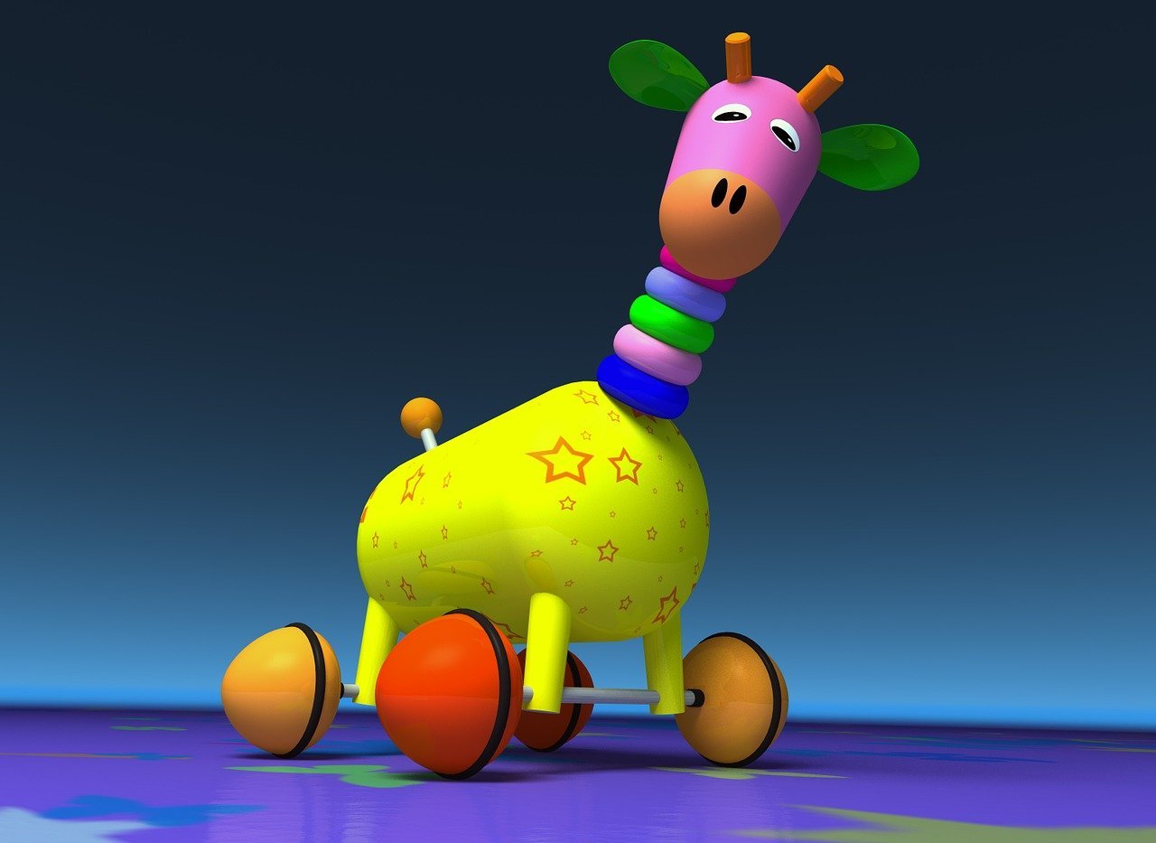 Baby Learning Toys: Colourful toy giraffe on wheels with a pink head, green ears, and a yellow body decorated with stars, set against a blue background.