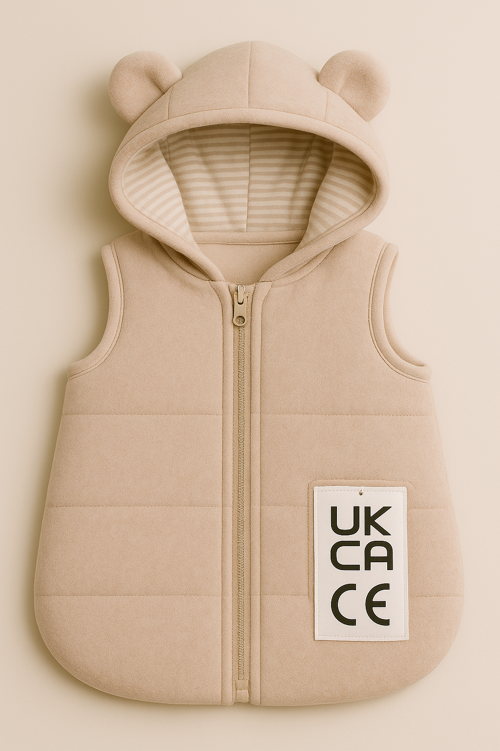 UK Baby Product Safety Standards 2025: Your Complete Parent's Guide 1 A beige sleeveless baby sleeping bag with a hood featuring bear ears, a striped lining, and a front zipper. The garment has a tag with "UKCA CE" printed on it.