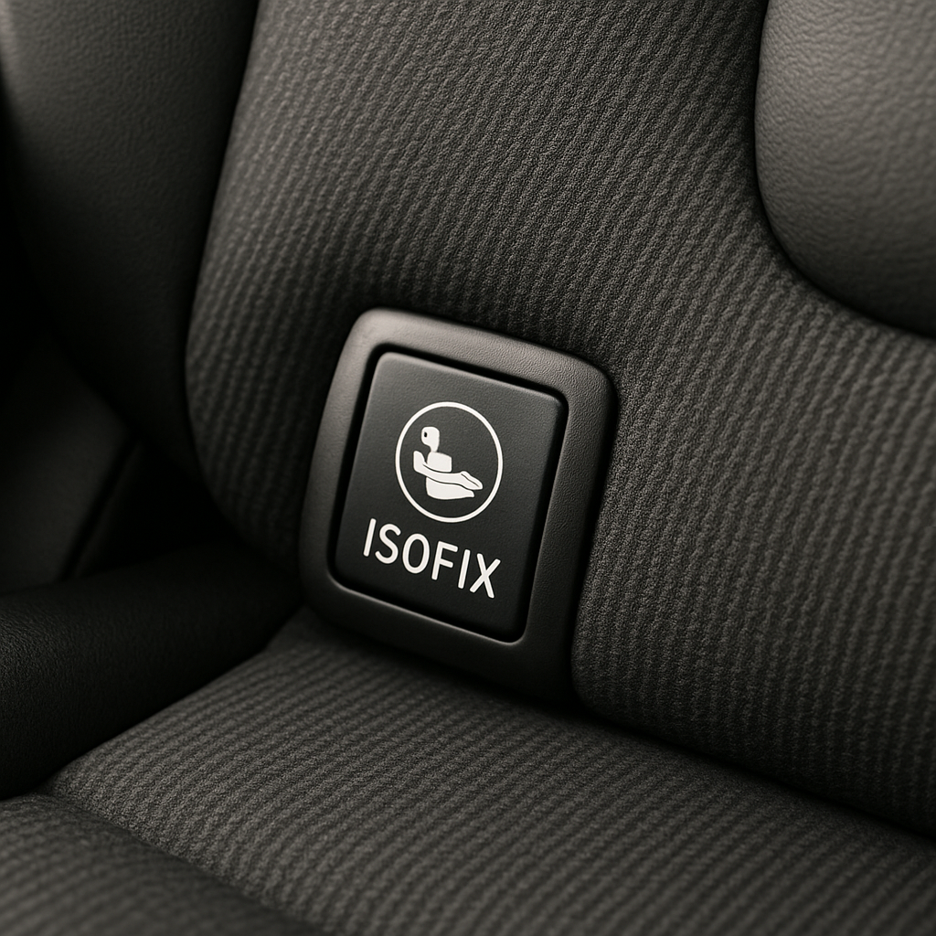 Close-up of an ISOFIX label on a car seat, indicating the attachment point for securing a child car seat.