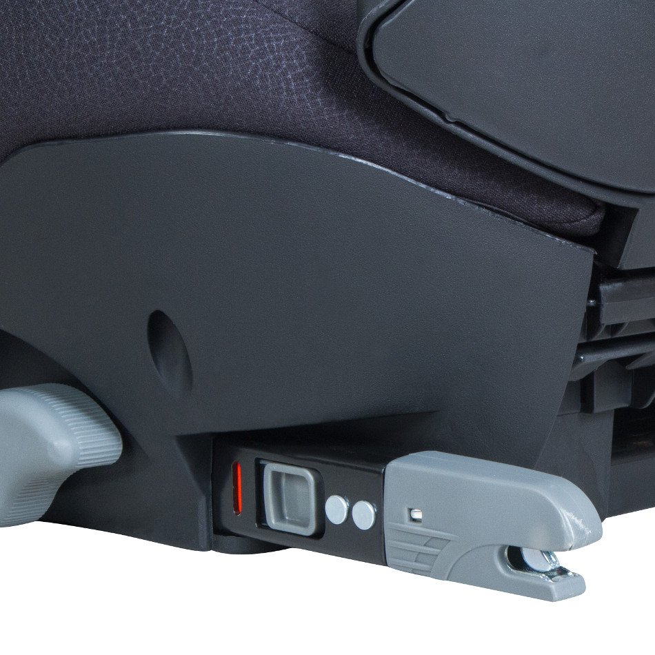 ISOFIX Installation Made Simple: Complete UK Guide 1 Close-up of a car seat showing the ISOFIX mechanism, with a visible grey latch and adjustment knob at the base, used for securing the seat.