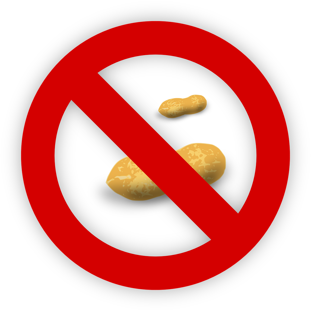 Baby Food Allergies: Symptoms and Prevention: A red circle with a diagonal line crossing over two peanuts, indicating a prohibition or ban on peanuts.